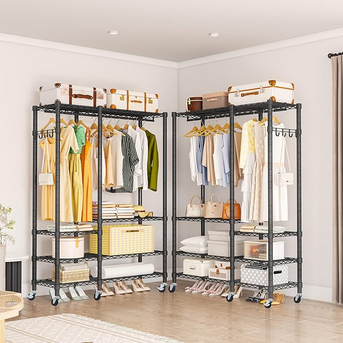 Rolling Clothes Rack, Heavy Duty Garment Rack for Hanging Clothes, Wire Adjustable Rolling Clothing Rack with Lockable Wheels & 2 Hanger Rods, Max Load 850LBS, Black