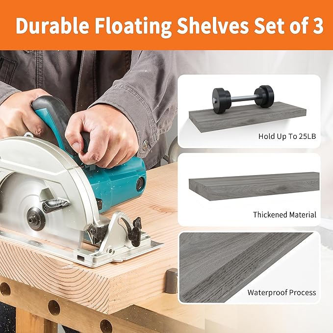 Upassion Floating Shelves for Wall Set of 3, 16" Gray Wall Shelves for Home Decor, Frame Display Floating Shelf for Living Room, Bedroom, Bathroom, Kitchen
