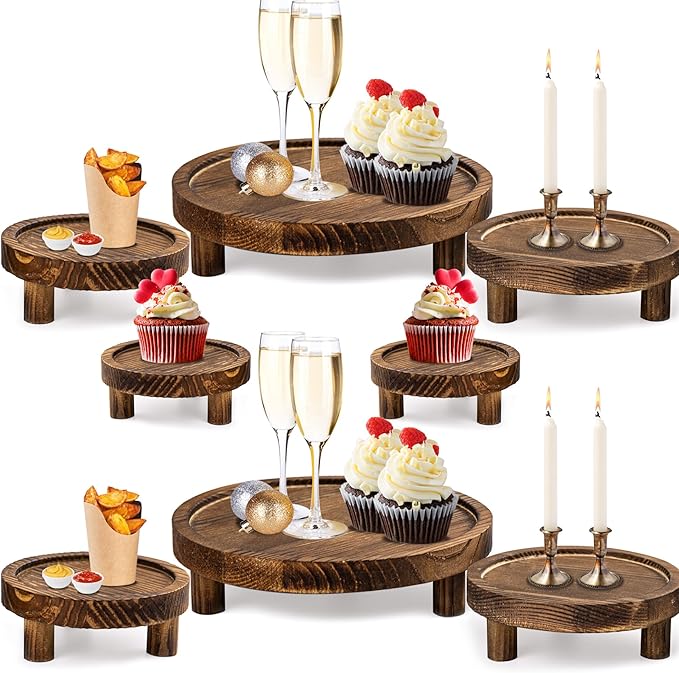8PCS Wooden Risers for Display Wood Cake Stand for Party Round Food Risers for Buffet Wooden Holder Rustic Riser for Decor Tiered Tray Decor Home Kitchen (Rustic, 8 PCS (10", 8”, 6”, 5”))