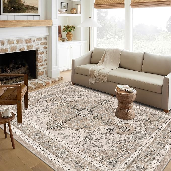 U'Artlines Boho Vintage Area Rug 5x7 Machine Washable Low Pile Soft Floor Carpet Non Slip Non Shedding Accent Rug for Living Room Bedroom Entryway Dining Room Office Beige＆Brown