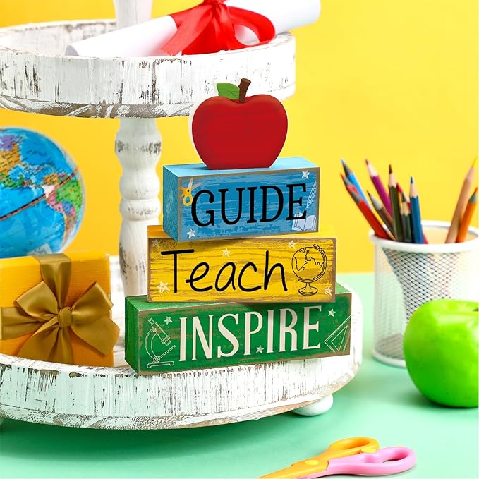Yuntau 4 Pcs Teacher Appreciation Gift Wooden Apple Table Decoration Guide Teach Inspire Block Sign Apple Tiered Tray Decor Graduation Back to School Teachers Gift for Office Classroom