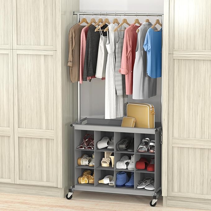 Simple Houseware Garment Rack with Extensible Haning Rod and 16 Shoes Organizer, Grey