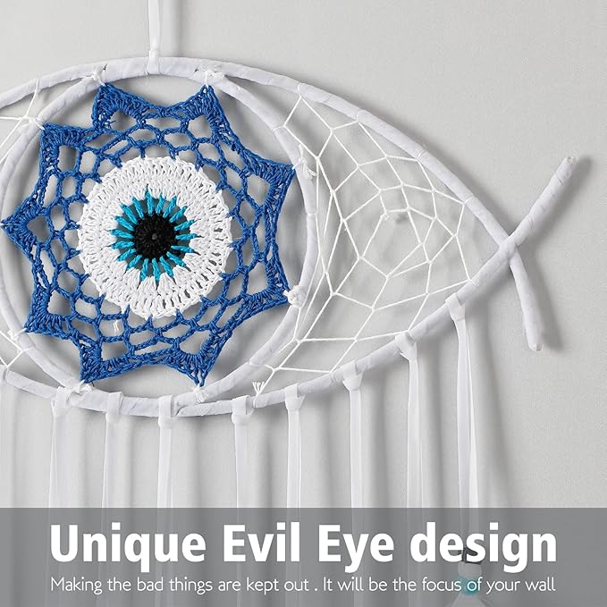 Dremisland Evil Eye Dream Catcher-White Dream Catchers Handmade Feather Evil Eye Wall Hanging Ornament Home Decoration for Bedroom Livingroom Yard, Blessing Craft Gift Bring Good Luck (Pure White)