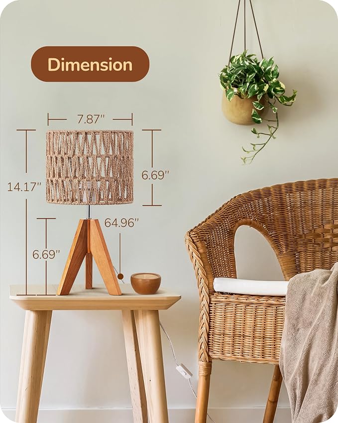 EDISHINE Small Table Lamp, Rattan Wood Tripod Bedside Lamp, Boho Nightstand Lamp for Living Room, End Table, Office, E26 Base, Natural Style