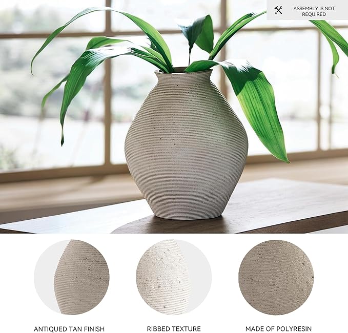 Signature Design by Ashley Hannela 12" Modern Distressed Polyresin Vase, Antique Tan