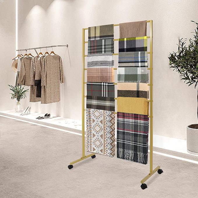 Scarf Organizer Stand, 7-Tier Freestanding Scarf Display Rack with Wheels, Metal Scarf Holder Belt Pants Hanger for Commercial Clothing Retail Store Home, 31.5" x 15.7" x 59"(Gold)