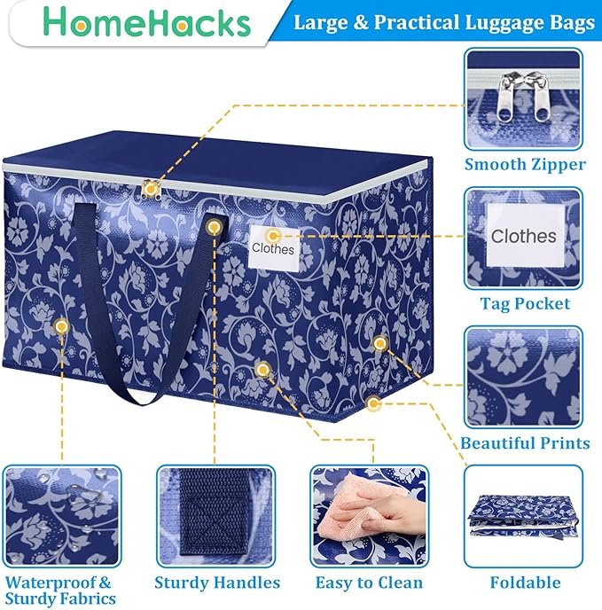 HomeHacks Moving Bags, Extra Large Size Moving Boxes, Heavy Duty Luggage Bags with Smooth Zipper and Sturdy Handles, Large Capacity & Easy Loading Storage Totes for Space Saver 125L, 8-Pack, Blue