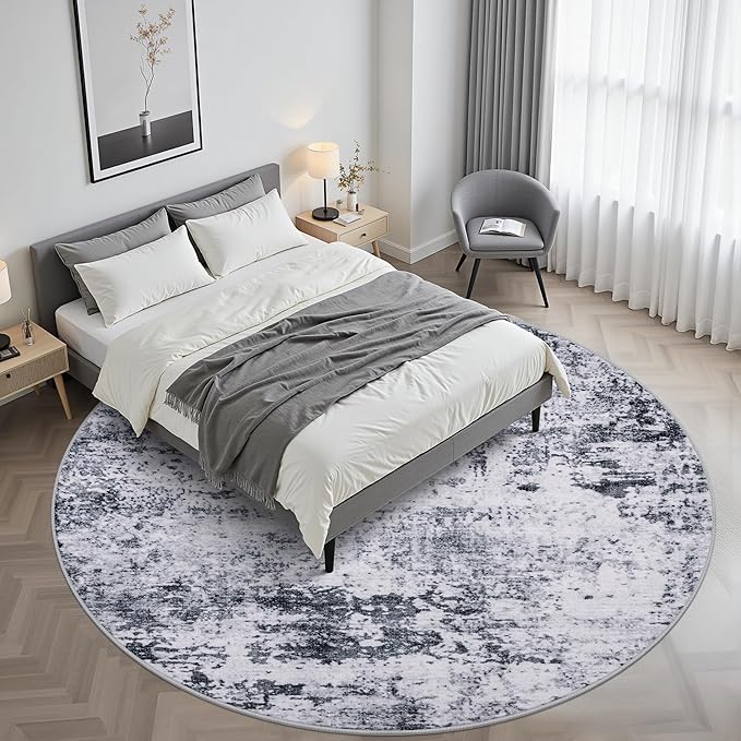 Round Area Rug for Living Room: 6 ft Washable Modern Abstract Soft Thin Rug Indoor Floor No Slip Stain Resistant Carpet for Bedroom Dining Room Farmhouse Nursery Home Office - Grey