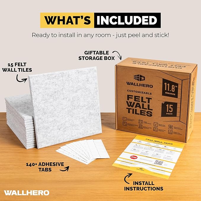 WALLHERO Cork Boards for Walls, Bulletin Boards 59"x36" | 15 Pack | Felt Bulletin Board, Large Cork Board for Office, Wall Protector for Dart Board, Corks Boards, Felt Board Tiles (Gray Marble)