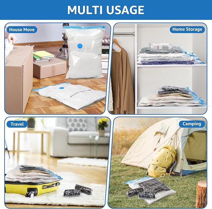 12 Jumbo Compression Storage Bags, Vacuum Storage Bags, Space Saver Bags for Comforters, Blankets, Bedding, Pillows and Clothes Storage, Hand Pump Included