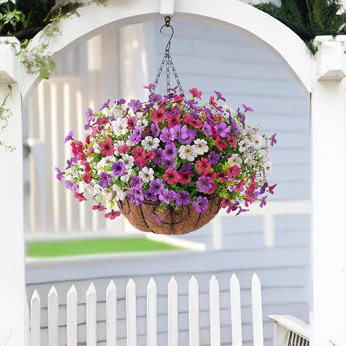 Artificial Faux Hanging Flowers Plants with Basket for Outdoor Spring Decoration, Fake Silk Daisy Outside Indoor UV Resistant Look Real Yard Patio Front Porch Garden Balcony Home Decor(Mix4)