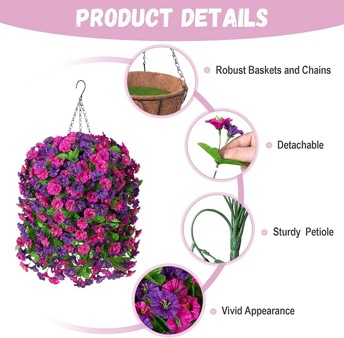 Artificial Flowers with Hanging Basket, Outdoor Faux Plants Silk Morning Glory Vines, Fake Green Arrangement for Garden Patio Spring Summer Decor(Purple Red Violet)