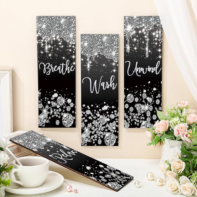Huwena 4 Pcs Black and Silver Bathroom Wall Decor Glitter Diamond Wooden Living Room Decor Relax Wish Unwind Breathe Sign Black Silver Shiny Drips Hanging Bathroom Sign for Toilet Home Spa