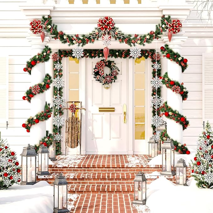 Whaline 40Pcs Silver Glitter Snowflake Winter Snowflake Ornaments Christmas Hanging Decorations with 197 Inches Silver Rope for Wedding Birthday Home Xmas Tree Window Door Accessories
