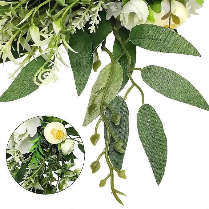 MSUIINT 25.6 Inch Artificial Rose Flower Swag with Green Leaves, Handmade Fake Plant for Front Door, Wedding Arch Flowers Spring Floral Swag, Wall Hanging Swag for Home Party Decor(White)