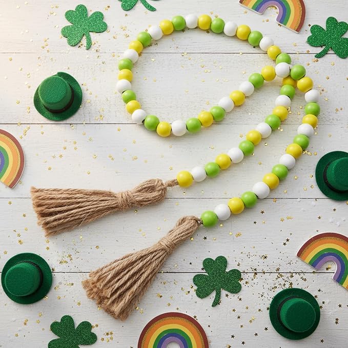 Equsion Seasonal Wooden Bead Garland with Tassels, 3.3 ft Holiday Vintage Boho Bead Garland Easter Tray Decoration, Vase Wall Room Art Birthday Party Decoration(Lemon Color)