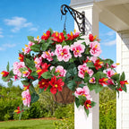 Artificial Flowers for Outdoors Indoors,3 Bunches Fake Hibiscus with Hanging Basket Foam Realistic UV Resistant Silk Flower Leaves,Faux Plant for Outside Home Patio Garden Poch Decor(Red,Pink)