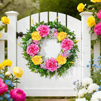 Livole 24 Inch Summer Spring Wreaths for Front Door Large Summer Door Wreath with Peony Rose Daisy for Indoor Outdoor Home Wall Farmhouse Patio Porch Window Decor