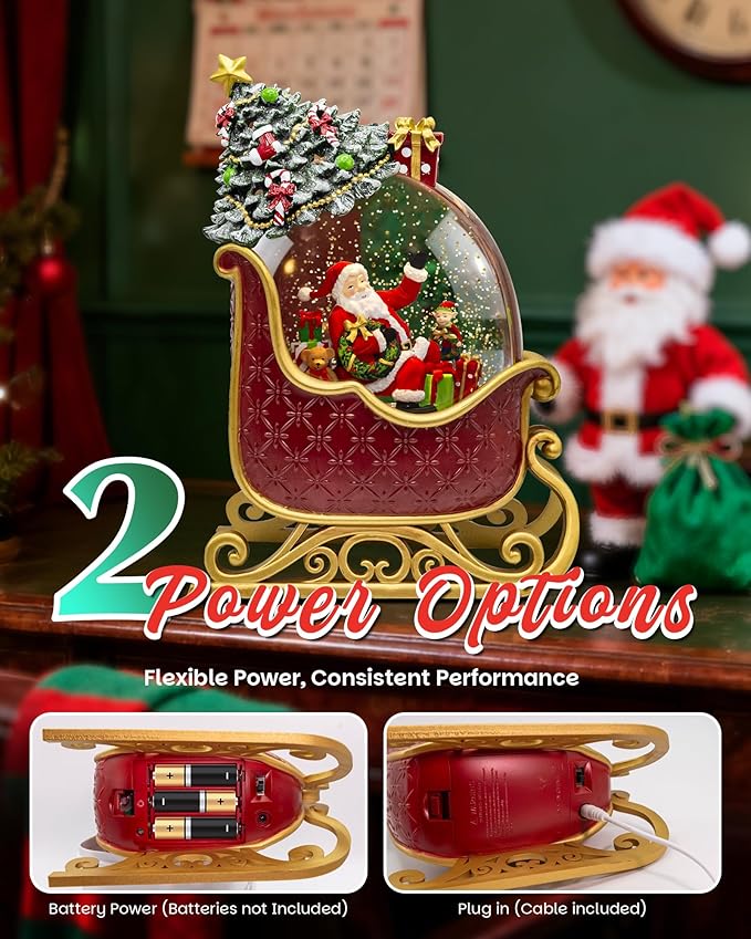 Christmas Snow Globes Christmas Lantern with 8 Songs, 9.17" Santa's Sleigh Snow Globe for Kids Adults, 6H Timer & Dual Power, Snowglobes Christmas Decorations Indoor, Gifts for Women Men