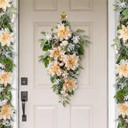 Glitzhome Peach Dahlia Floral Teardrop Swag 28" Artificial Spring Teardrop Swag Wreath for Front Door Porch Wall Window Decor