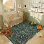 Floral Dark Green Area Rugs 5x7, Soft Washable Non-Slip Low Pile Boho Rugs for Living Room & Bedroom, Stain Resistant Forest Farmhouse Large Carpet for Dining Room & Office