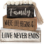 Yuntau 4 Pcs Farmhouse Family Tabletop Decor Tiered Tray Decor Rustic Wood Decorative Stacked Sign Block Gift Retro Bead Garland Family Where Life Begins Love Never Ends Table for Home Shelf Office