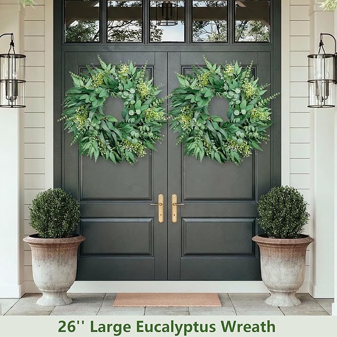 26 Inch Large Eucalyptus Wreath for Front Door Year Round, Spring Summer Greenery Farmhouse Wreath with Detachable Bow, Everyday Home Decor Used for Front Door Wall Porch