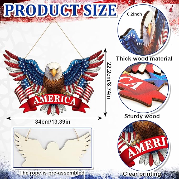 Wooden 4th of July Decoration Door Wreath for Front Door Sign America Eagle Wall Signs,250 Anniversary Independence Day Patriotic Day Wreath Welcome Memorial Day Hanging for Home Party Outdoor Indoor