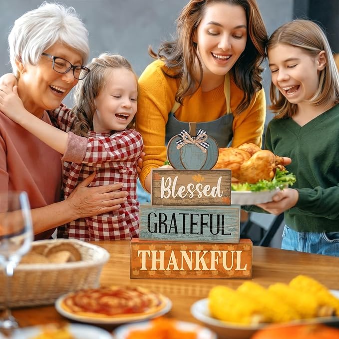 Lineshading 4 Pcs Fall Table Decoration for Home Wooden Blue Pumpkin Decor with Sunflowers Rustic Thanksgiving Tiered Tray Decor Autumn Centerpiece Decoration for Harvest Party Home Kitchen
