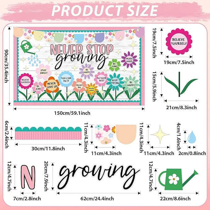 Spring Never Stop Growing Bulletin Board Classroom Decoration Grow Flower Cutouts Positive Paper Cutouts for Teacher Back to School Office Home Chalkboard Spring Inspirational Door Wall Decor Supplies