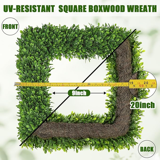 Artgar 20Inch Boxwood Wreath, Spring Wreaths for Front Door, Realistic Green Square Boxwood Wreath for Year-Round Decor, Artificial Summer Wreaths for Wedding Farmhouse Indoor/Outdoor Porch Decor