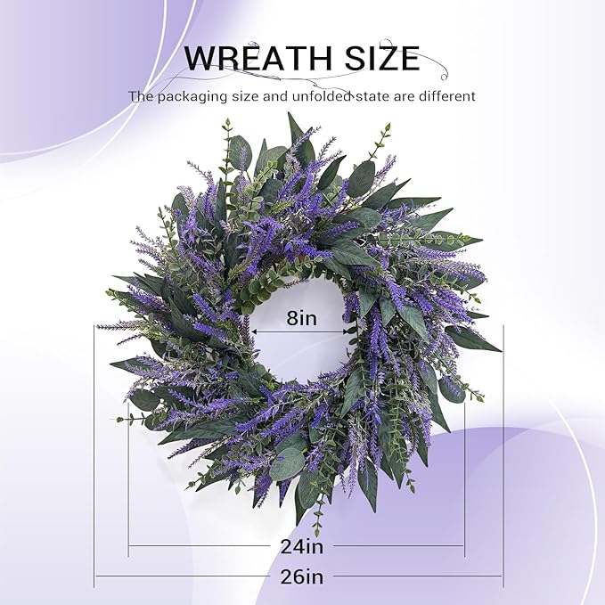 26 Inch Lavender Eucalyptus Wreaths for Front Door, Spring Summer Wreath,Large Eucalyptus Outdoor Wreath with Greenery Leaves for Porch,Wall,Holiday,Home Decor- Spring, Summer, Fall, All Seasons