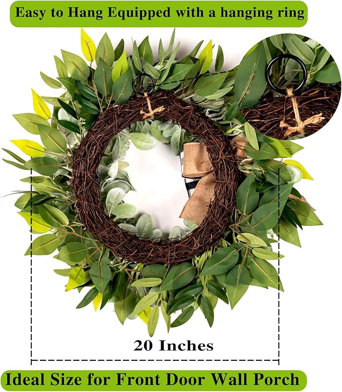 Lambs Ear Eucalyptus Front Door Wreath Year Round, 20" Handmade Green Farmhouse Spring Summer Wreath for Porch Wall Outdoor Indoor Home Decorations