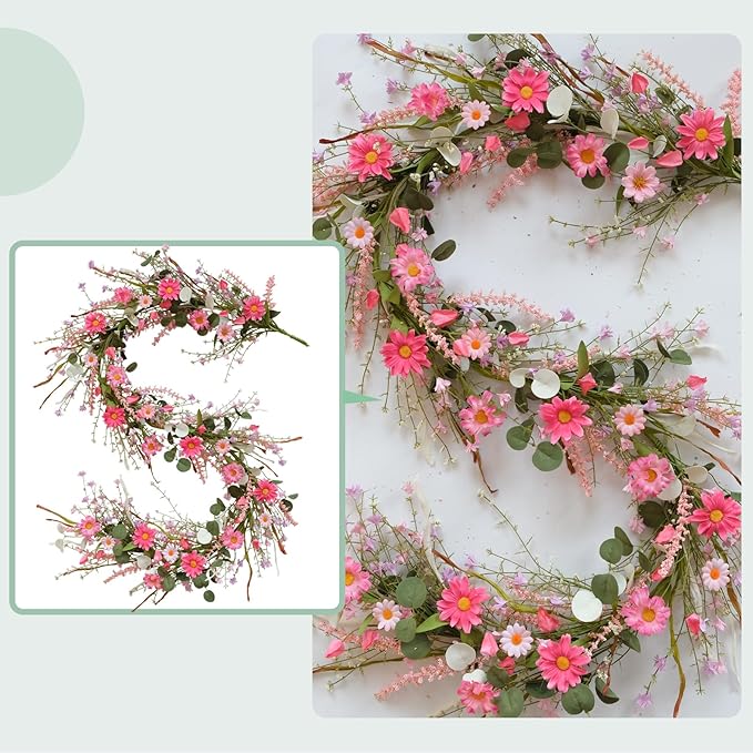 TEMPUS 5.9ft Spring/Summer Flower Garland, Artificial Daisies Wildflower Leaves Garland,Garlands for Decoration for Indoor Outdoor Farmhouse Window Wall Wedding Background Home Party Decor