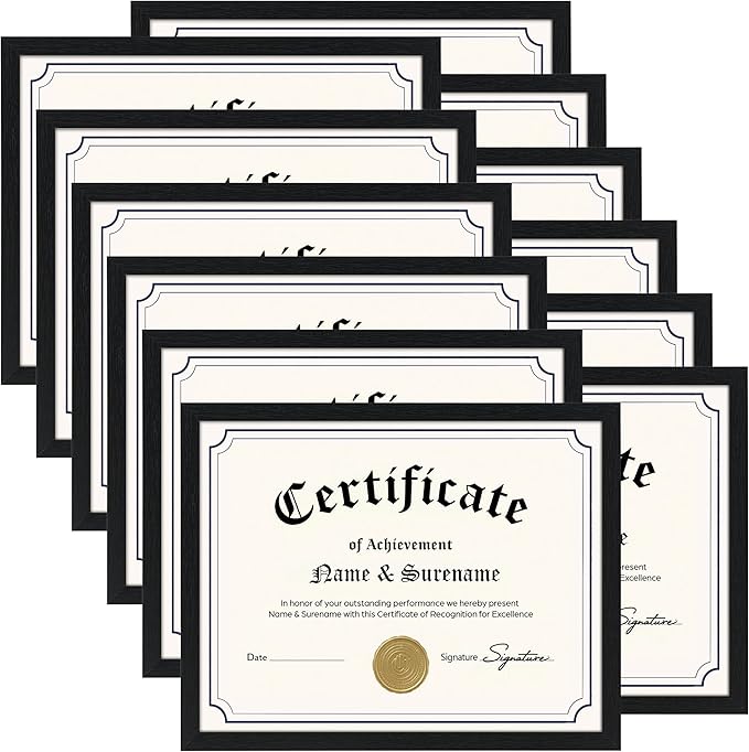 Lyeasw 8.5 x 11 Picture Frame Black 12 Pack, 8.5x11 Diploma Frames Matte Wood Grain, Lightweight Certificate Frame for Graduation Gifts, Awards, Letter Size Documents