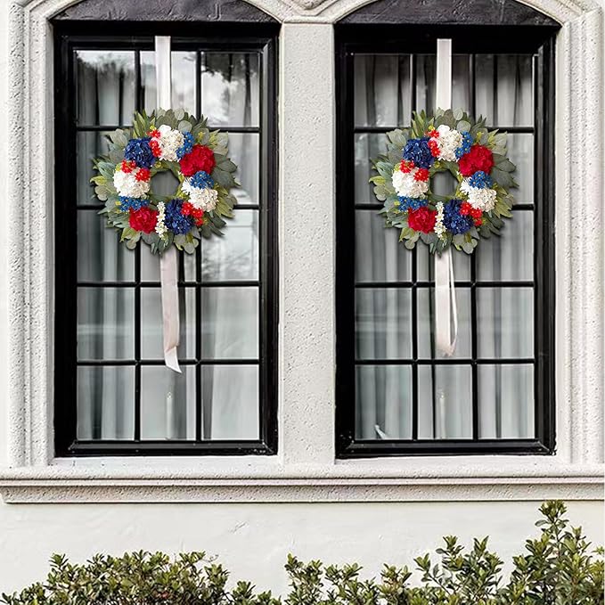 WANNA-CUL 250th Year Patriotic Wreaths for Front Door Decorations, 24 Inch 4th of July Hydrangea Wreath, Red White Blue Spring Door Wreath for Independence Day, Memorial Day for Indoor Outdoor Decor