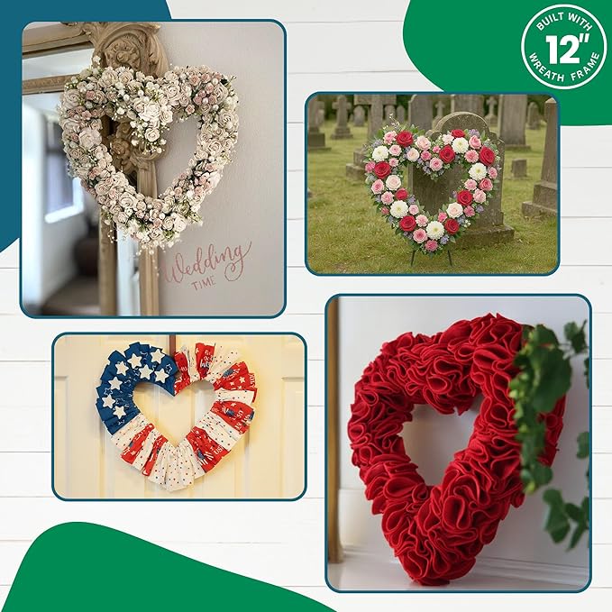 2-Pack 14 Inch Wire Wreath Frame – Heart Metal Wreath Form with Heart Design for DIY Crafts, Floral Projects, and Home Decor – Dark Green Wire Frame for Christmas Holiday & Weddings