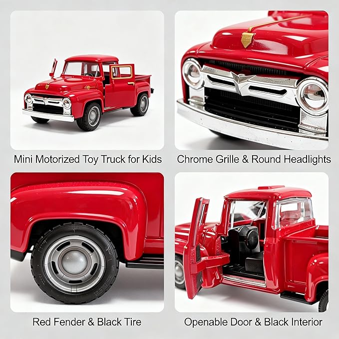 Vintage Red Pickup Truck Toy -Pull and GoTrucks for Kids and Boys.Farmhouse Holiday Centerpiece Winter Decor for Mantel,Tabletop,– Toy Gift for Family,Child,Christmas Enthusiasts(With Free small Tree)