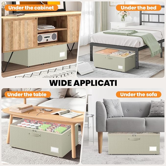 Dayacoco Underbed Storage with Wheels, 2 Pack Under Bed Storage Containers with Clear Lids, No Assembly Required 10.1 inch Rolling Under Bed Storage for Clothes, Beige