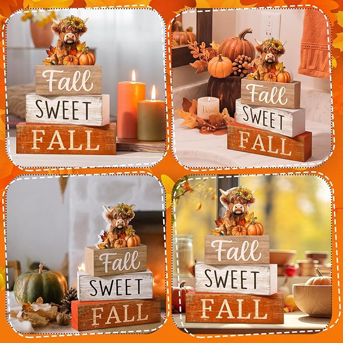 Moucuny 4 Pcs Fall Decoration for Highland Cow Home Fall Table Decor Wooden Stacked Block Decor with Sunflower Cow & Pumpkin Topper Rustic Thanksgiving Tiered Tray Decoration for Harvest Home Kitchen