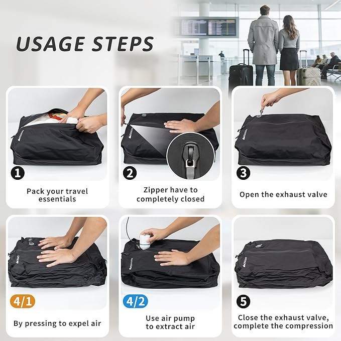 Vacuum Bag for Travel, Professional IPX8 Waterproof Reusable Vacuum Compression Bags for Travel Suitcases, Durable Space Saver Bag(3 PACK Navy Blue,With Pump)