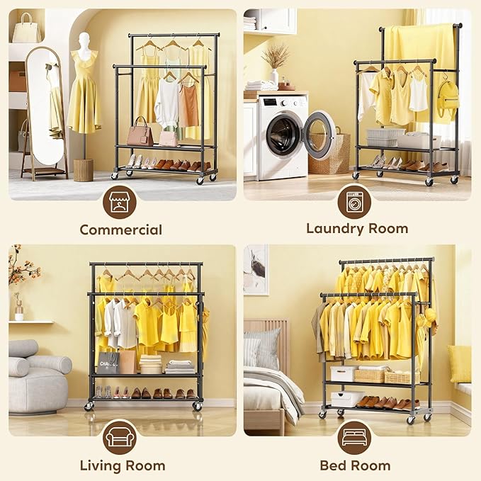 Rolling Clothes Rack with Doule Rod for Hanging, Heavy Duty Metal Garment Rack Load 450 LBS with Lockable Wheel, Free Standng Clothing Rack with 2 Shelves and Side Hooks for Home Commercial, Black