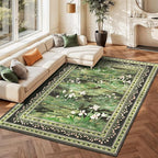 Lessymo Dark Green Floral Rug 8x10 for Living Room, Large Washable Soft Non-Slip Area Rugs, Boho Farmhouse Moody Aesthetic Carpet, Bedroom Dining Nursery Home Office Decor