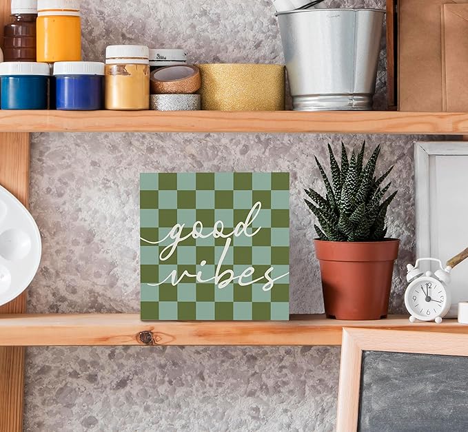 SRADMO Inspirational Wood Box Sign Desk Decor, Motivational Office Decor, Blue and Green Checkered Positive Theme Wooden Block Box Sign Decoration for Home Office Shelf Table Decorative Accessories