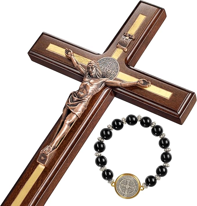 Asterom St Benedict Crucifix Wall Cross - Handmade Saint Benedict Wood Cross Wall Decor - Catholic Crucifix - 12 Inch