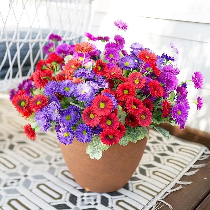 HyeFlora Artificial Flowers for Outdoors Fake Plants Spring Outside Decoration, 6 Bundles Dahlia Silk Daisy Realistic UV Resistant Faux Flowers for Outdoor Planter Balcony Porch Yard Garden Home, Mix