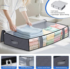 Under Bed Storage Containers, 4 Pack Blanket Storage Bags, Collapsible Storage Bags with Big Zippers, Clear Front, Shoe Storage and Organization for Clothes, Comforter, 90L, Grey