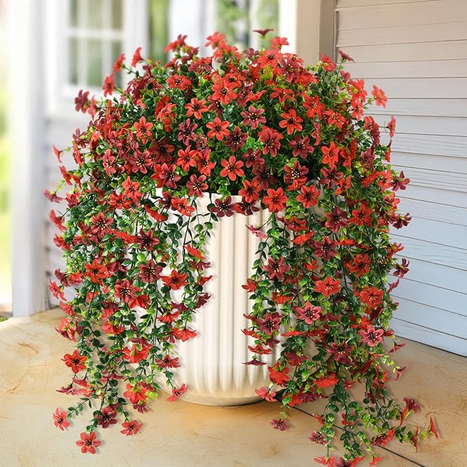 Artificial Hanging Flowers for Outdoors, 2 Pcs Fake Hanging Plant Spring Summer Decor, UV Resistant No Fade Realistic Faux Flower for Front Door Porch Planter Patio Garden Yard(Red Brown)