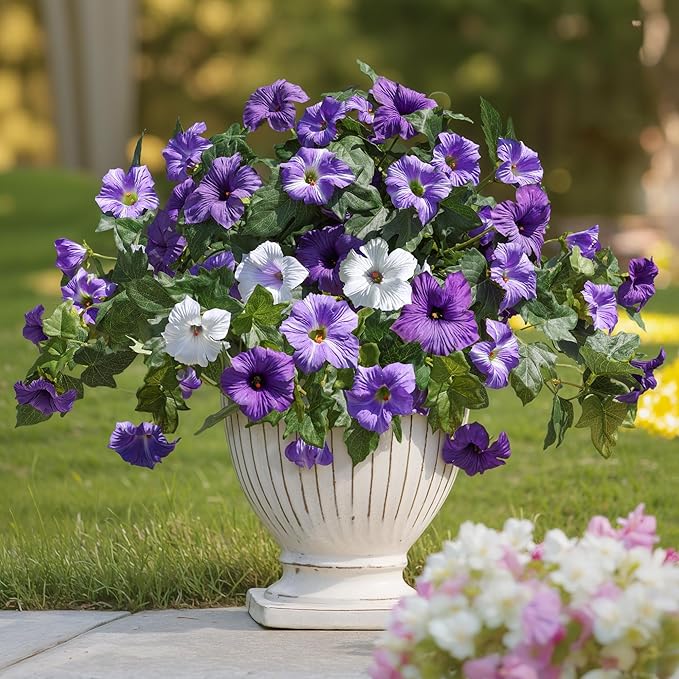 HyeFlora Artificial Flowers for Outdoors 2PCS Spring Faux Morning Glory Look Real Silk Flowers for Outside Planter UV Resistant Fake Flowers for Home Garden Balcony Yard Porch Deco Purple