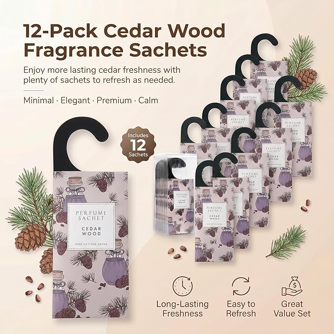 ROSE COTTAGE Large 12 Packs Cedar Wood Hanging Closet Deodorizer Air Freshener Long Lasting Scented Sachets Smell Goods for House
